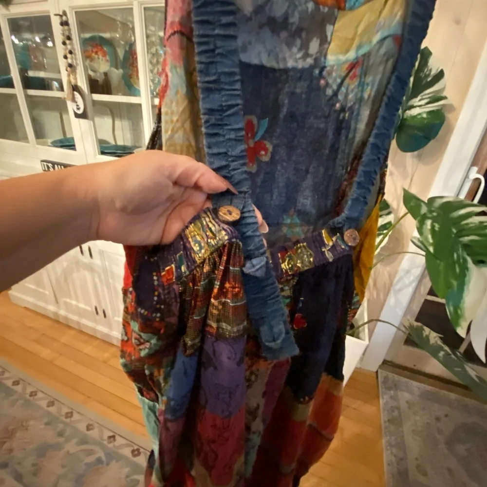 NWT Patchwork Wide leg Jumpsuit Adjustable Straps Made in Nepal